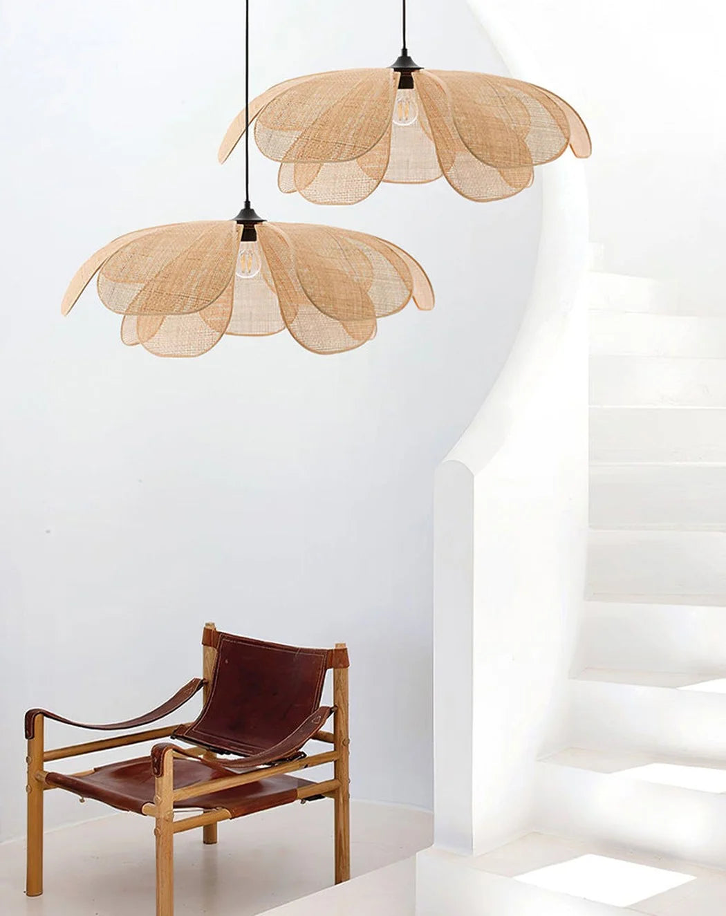 Two Cefalu rattan petal pendant lights for Boho Stairway