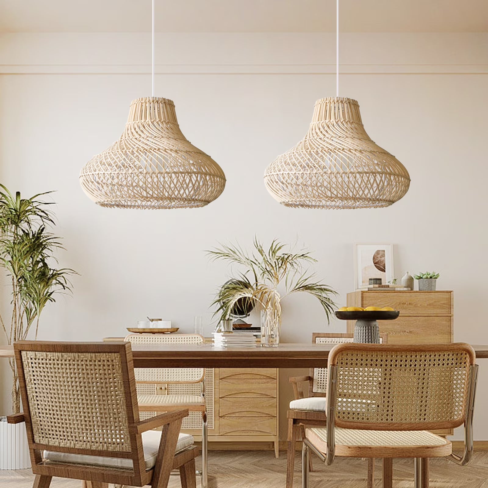 Two Dakota Natural Rattan Dome Pendant Lights hang over Boho Dining Room