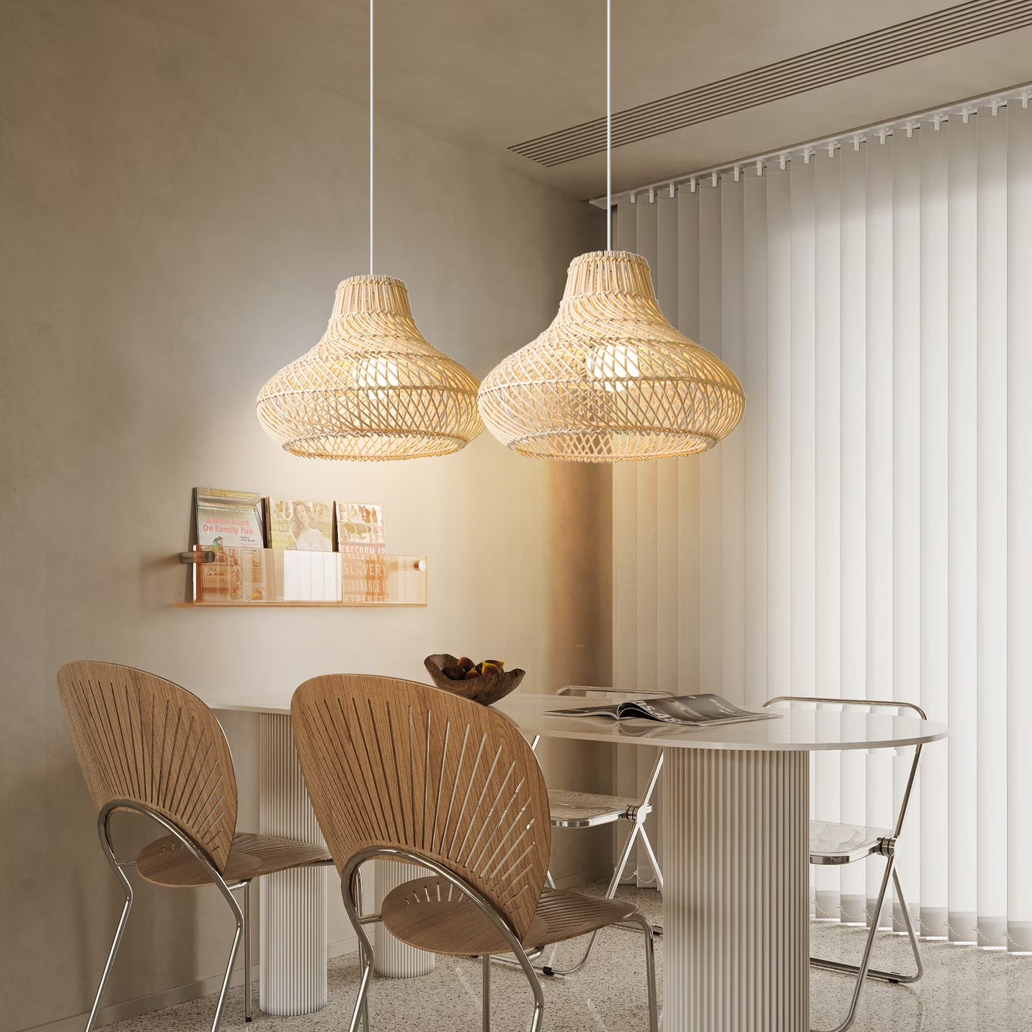 Two Dakota Natural Rattan Dome Pendant Lights hang over Wabi Sabi Reading Table