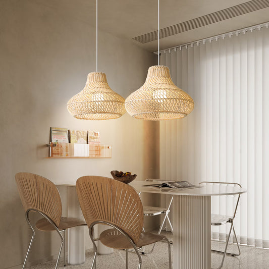 Two Dakota Natural Rattan Dome Pendant Lights hang over Wabi Sabi Reading Table