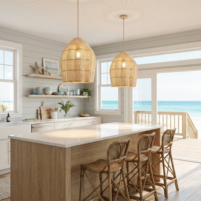 Two Dankia Rattan Pendant Lights over Coastal Kitchen Island