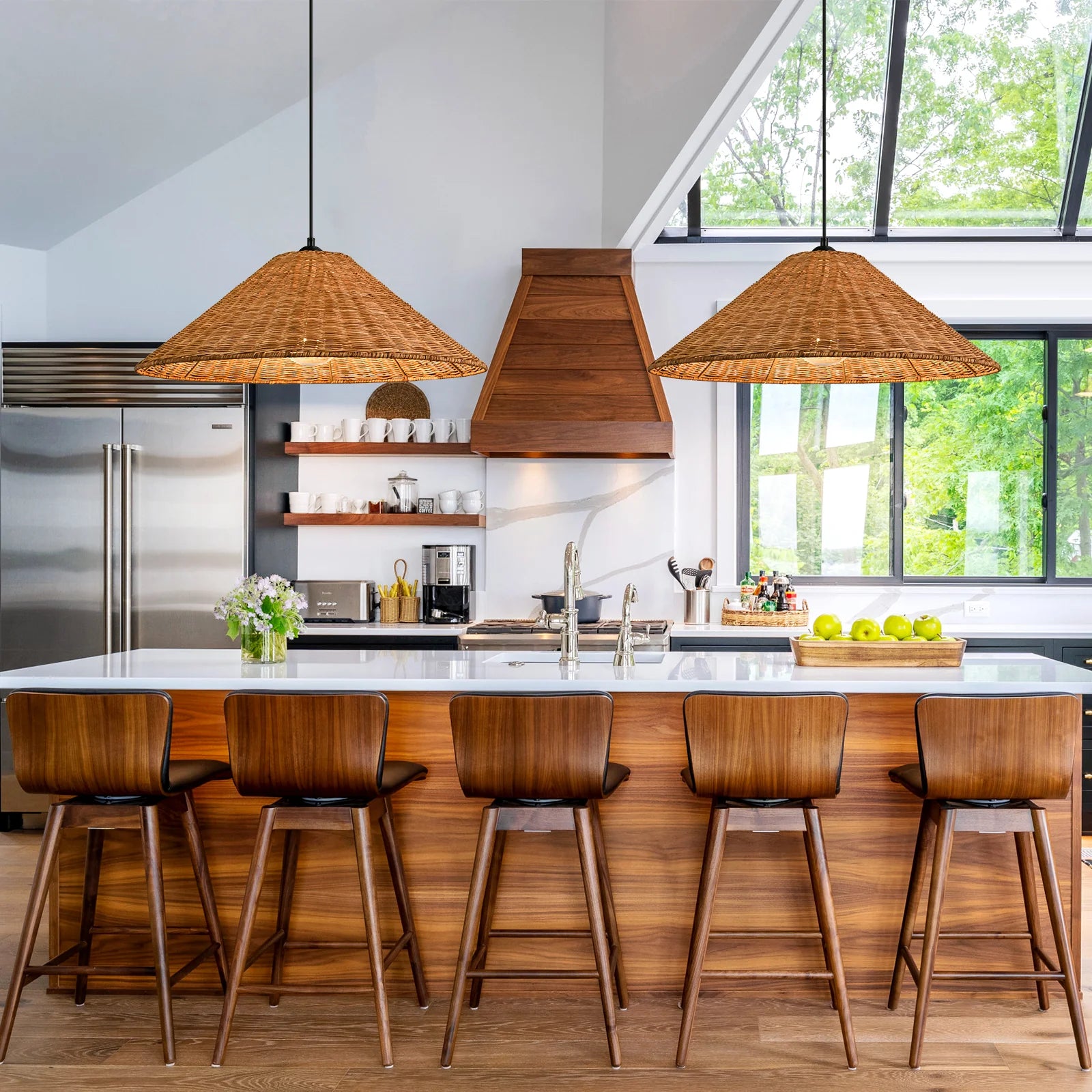 Two Medium Carter Cone Wicker Rattan Pendant Lights for Modern Kitchen Island