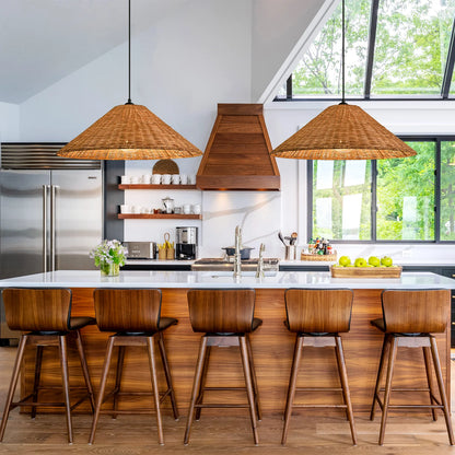 Two Medium Carter Cone Wicker Rattan Pendant Lights for Modern Kitchen Island