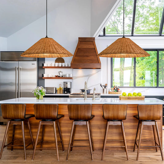 Two Medium Carter Cone Wicker Rattan Pendant Lights for Modern Kitchen Island