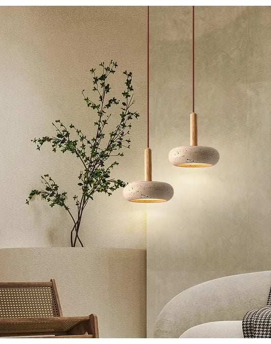 Two Osho Travertine Stone Pendant Lights for Wabi Sabi Room
