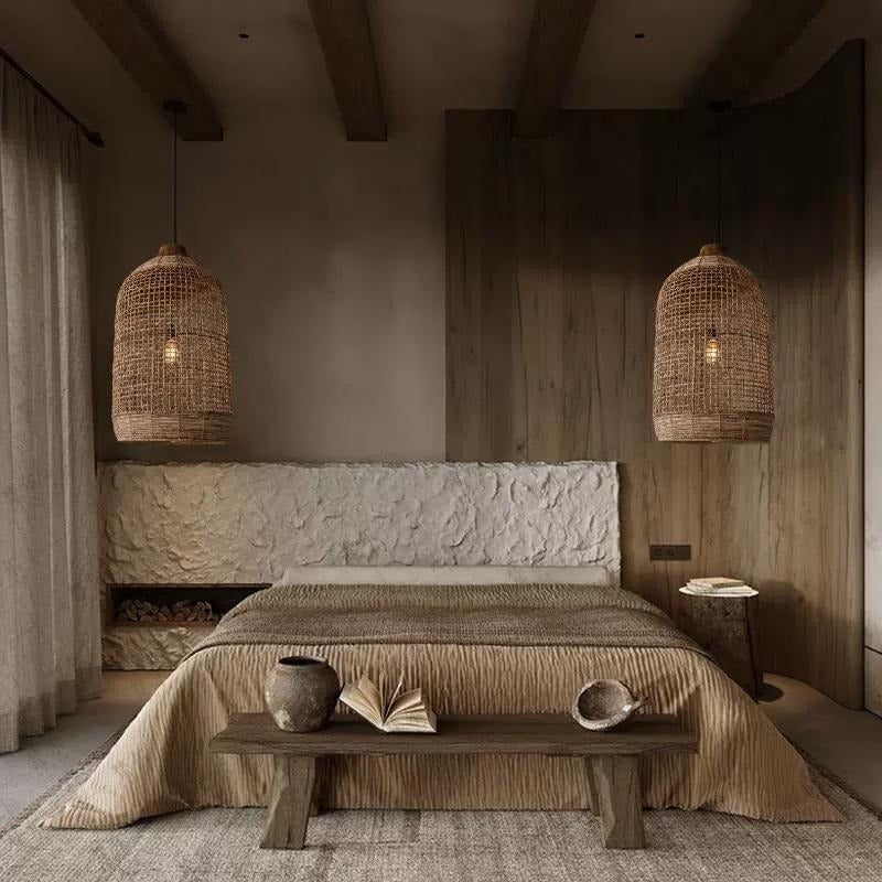 Two Oversized Cage Woven Pendant Lights for Wabi Sabi Bedsides