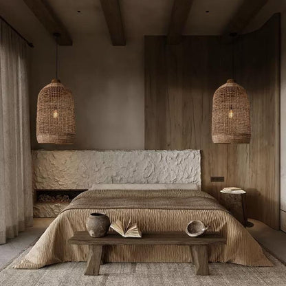 Two Oversized Cage Woven Pendant Lights for Wabi Sabi Bedsides
