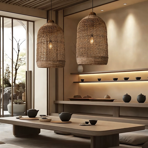 Two Oversized Cage Woven Pendant Lights in Japandi Dining Room