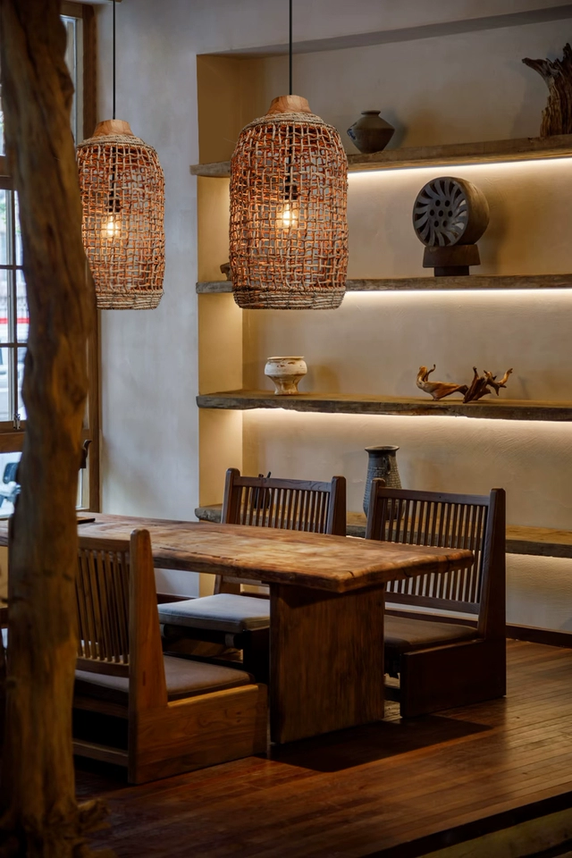 Two Oversized Cage Woven Pendant Lights in Zen Style Coffee Room