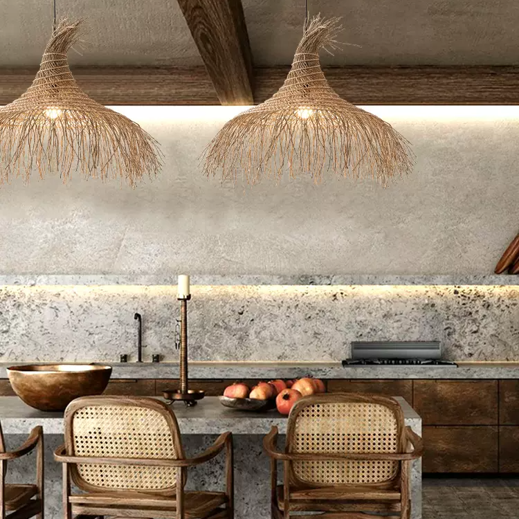 Two Pipa Tassel Rattan Pendant Lights in Wabi Sabi Dining Room