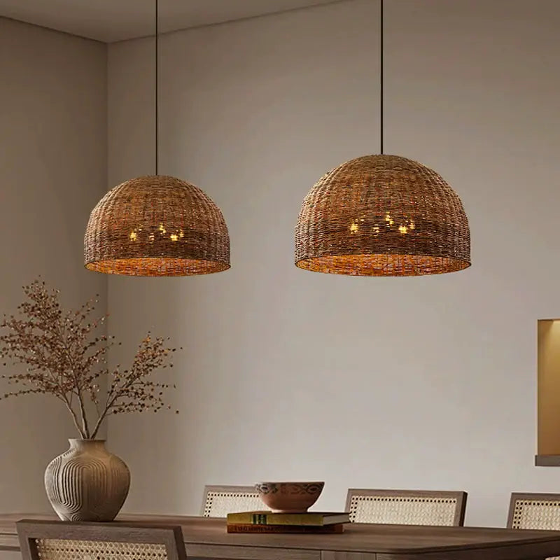 Two Troy 6-Bulb Dome Rattan Pendant Lights over Dining Table