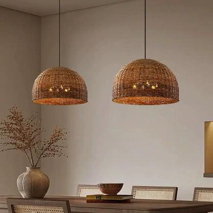 Two Troy 6-Bulb Dome Rattan Pendant Lights over Dining Table