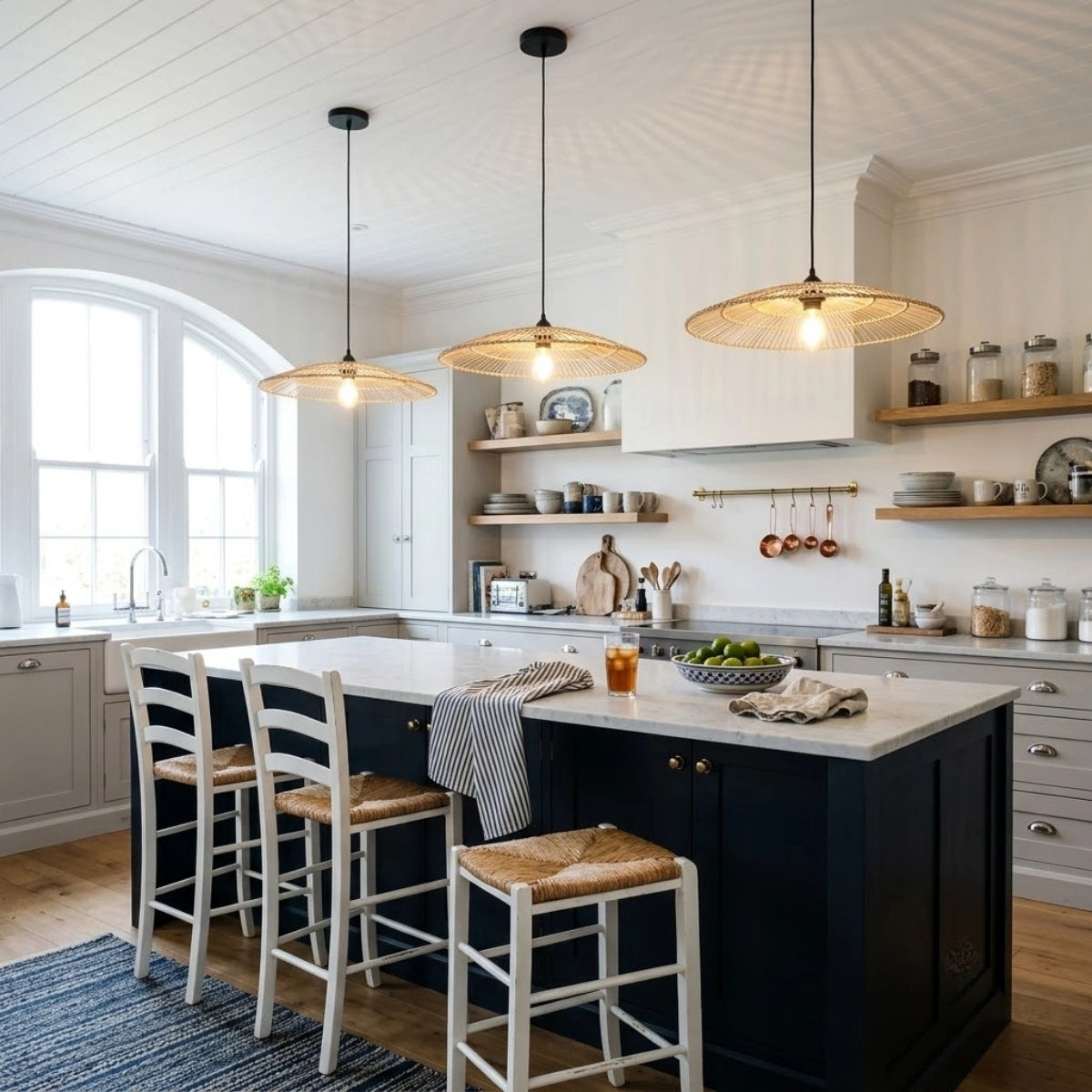 Umbrella Large Flat Round Rattan Pendant Light in Coastal Kitchen Island