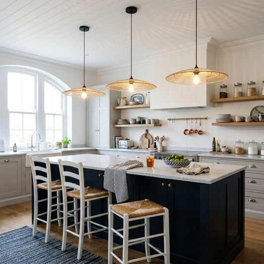 Umbrella Large Flat Round Rattan Pendant Light in Coastal Kitchen Island