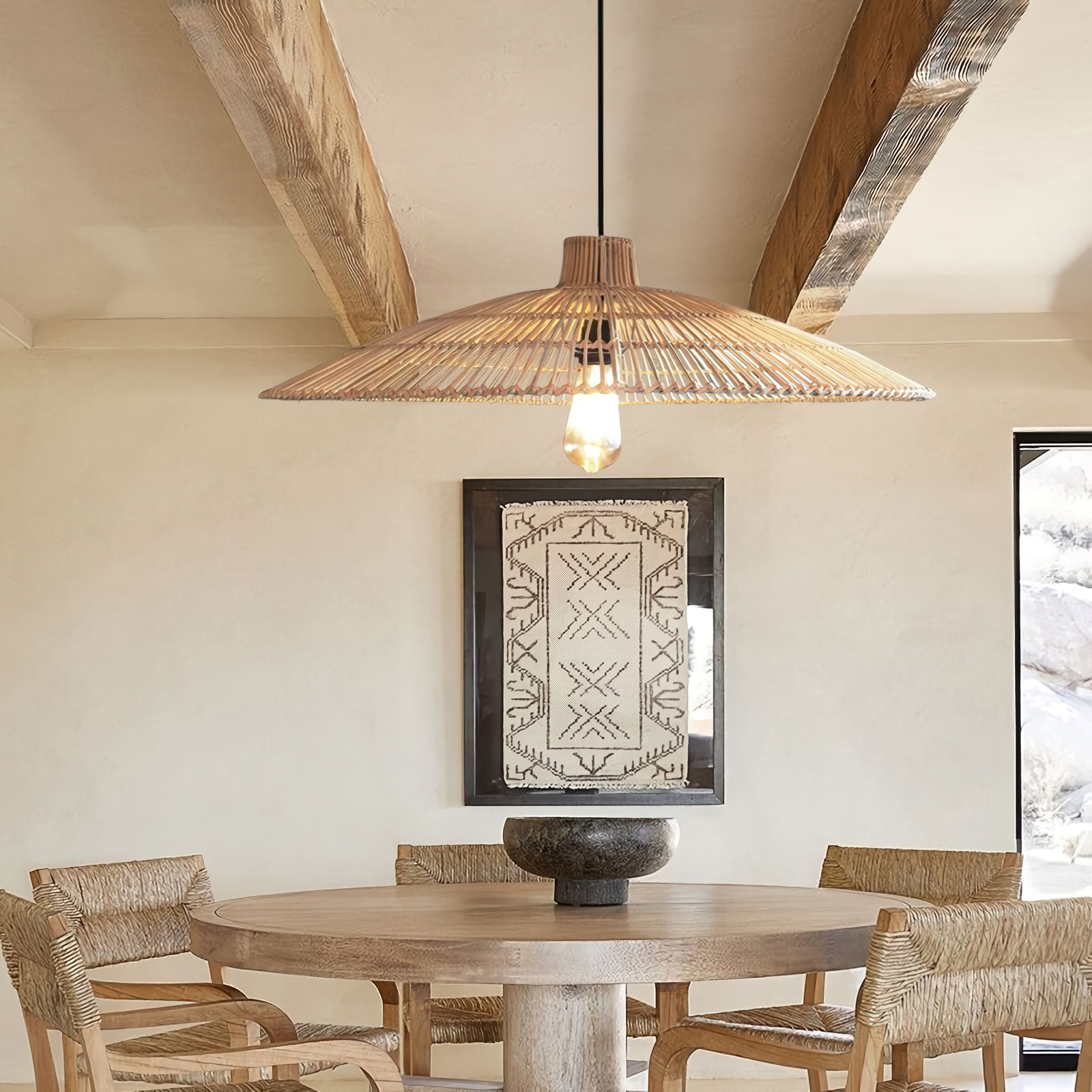 Umbrella Rattan Round Pendant Light hangs above Japandi Dining Table