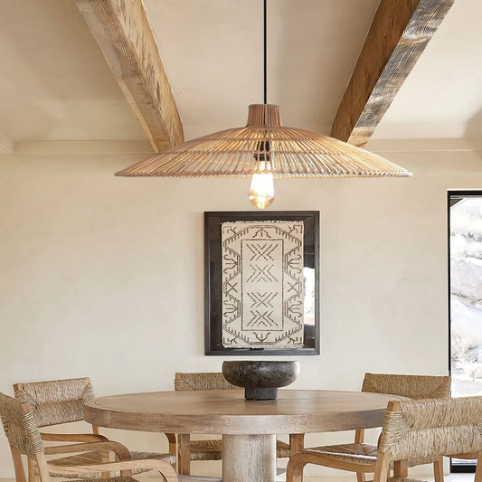 Umbrella Rattan Round Pendant Light hangs above Japandi Dining Table