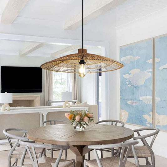 Umbrella Rattan Round Pendant Light hangs over a Coastal Dining Table