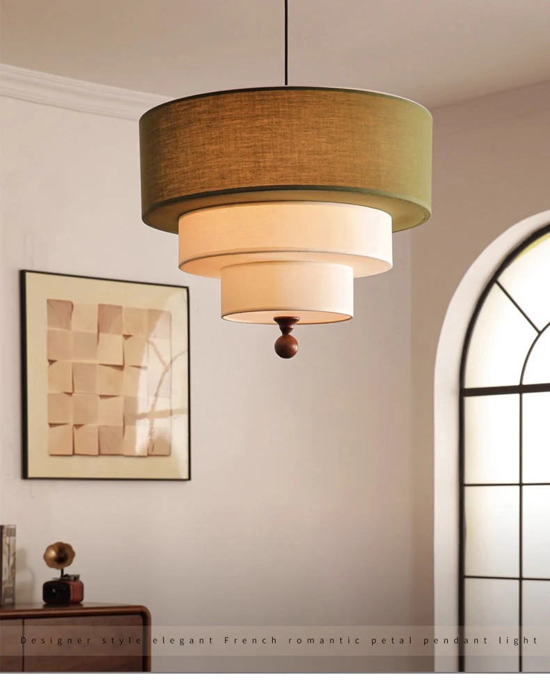 Vanelia 3 Tiers Textile Drum Fabric Pendant Light - Handcrafted Wabi Sabi Pendant Light | IndochinaLight