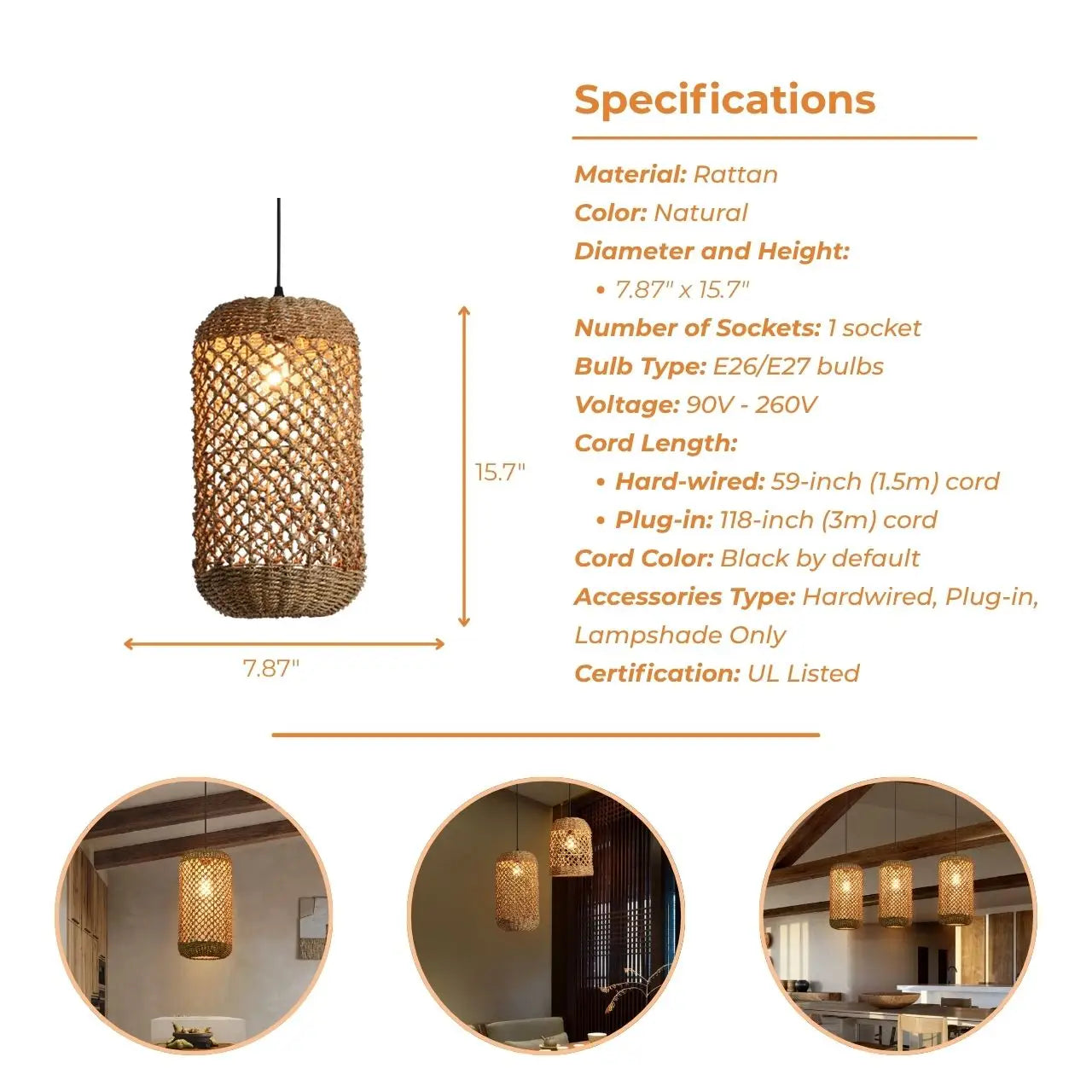 Vintage Straw Wicker Pendant Light's specifications