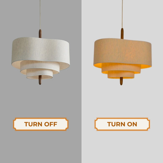 wabi sabi pebble fabric multi layer pendant lamp when the light is on and off
