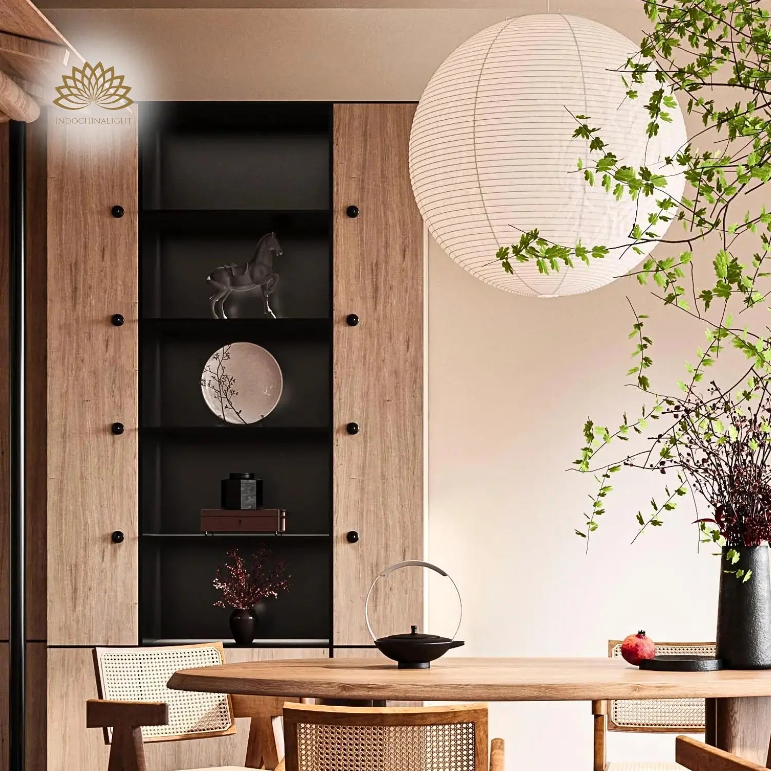 Wabi Sabi Rice Paper Ball Pendant Light in the living room