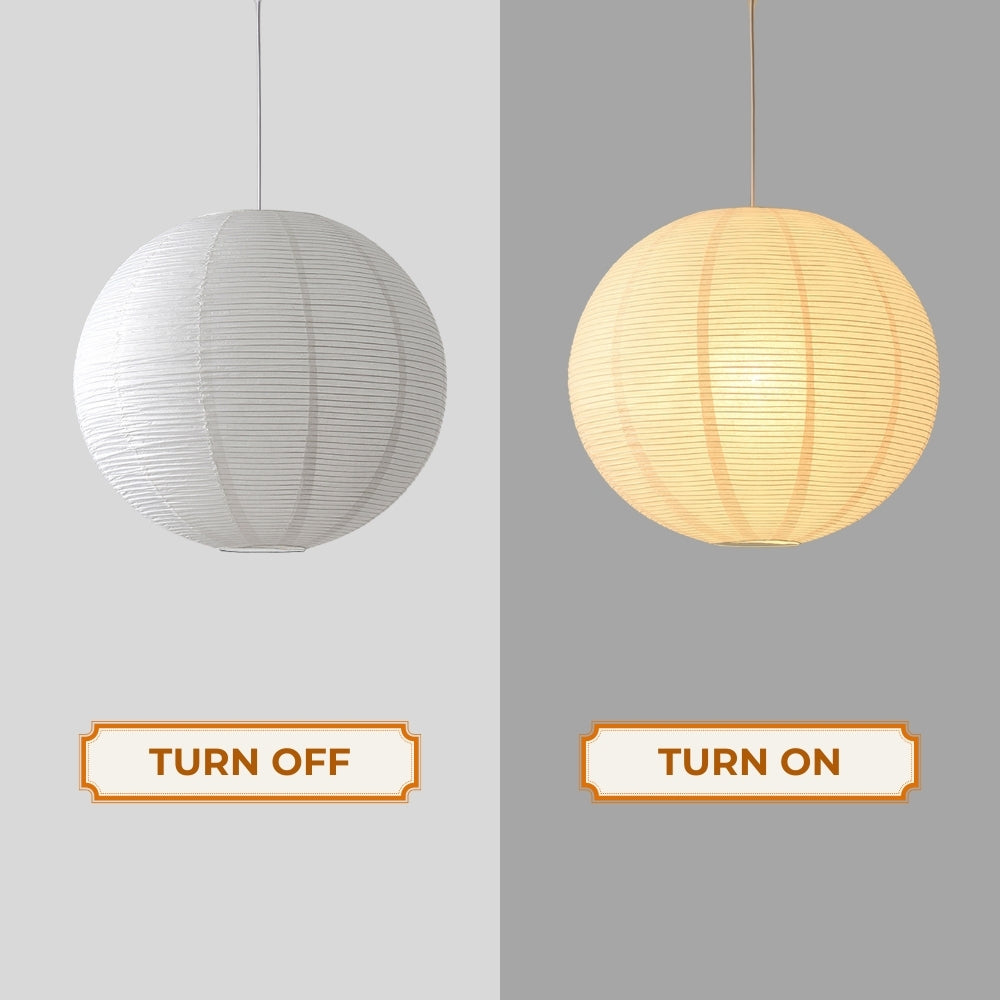 wabi sabi rice paper ball pendant when the light is on and off