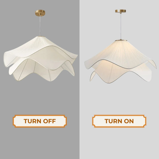 wabi sabi white fabric flower pendant lamp when the light is on and off