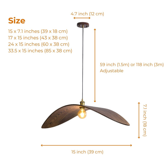wabi sabi wood flying bird curved hanging lamp size