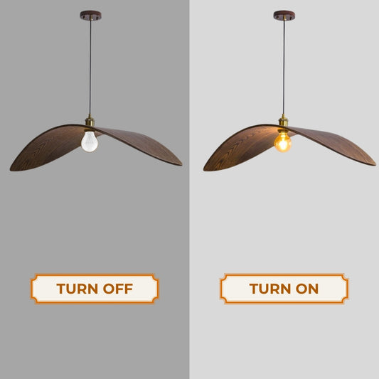 wabi sabi wood flying bird curved hanging lamp when the light is on and off