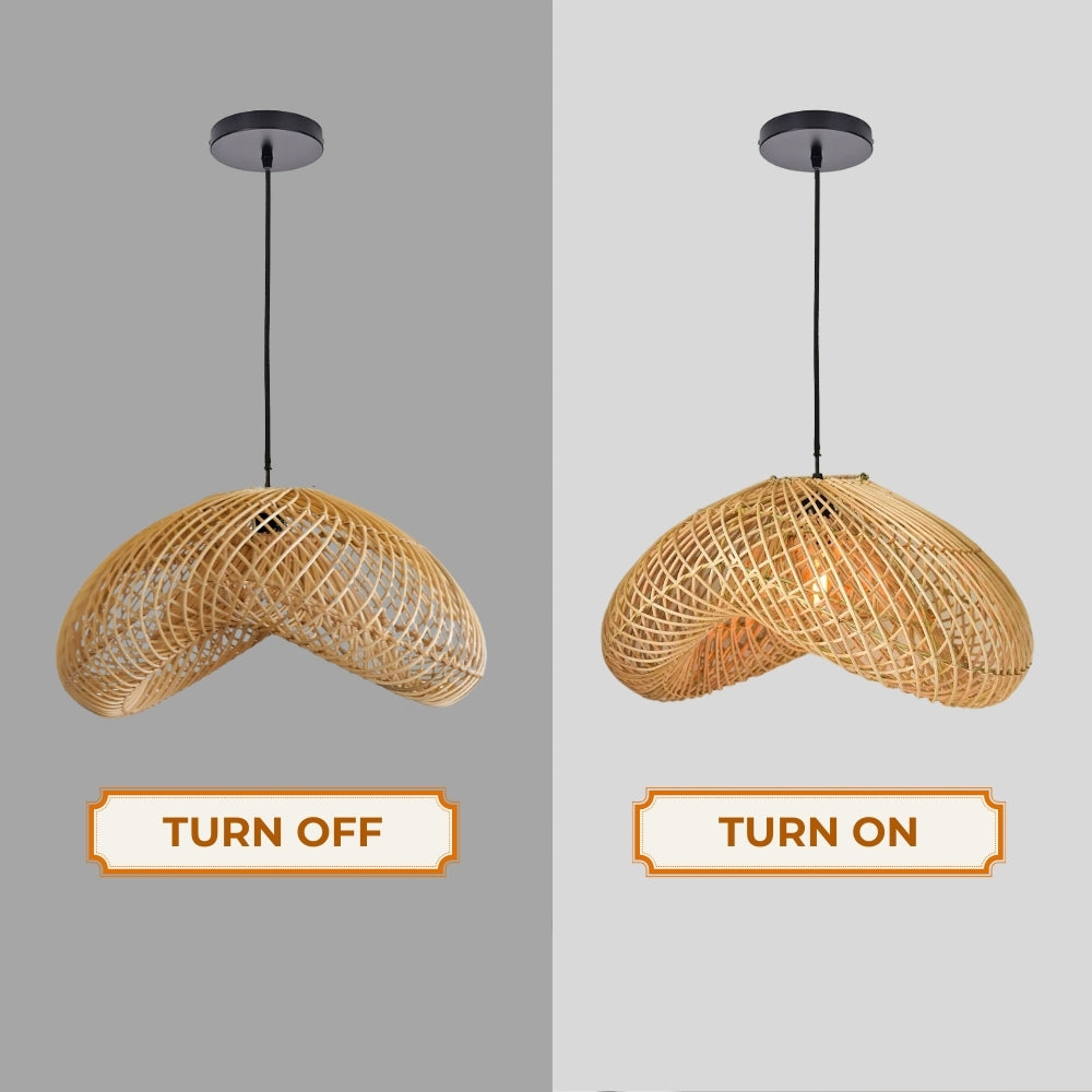 wave rattan pendant light when the light is on and off