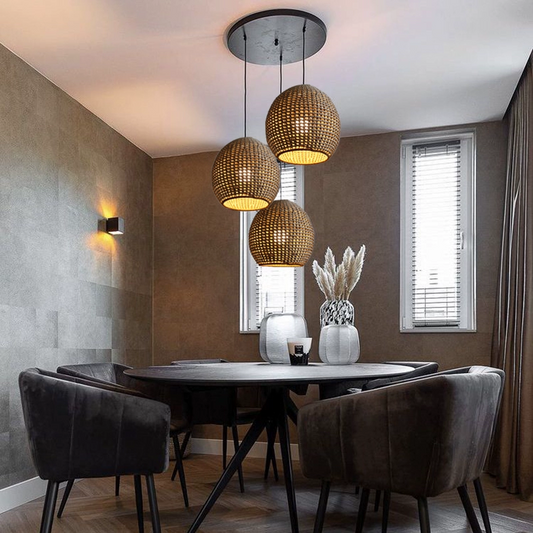 Wekiva Globe Rattan Basket Pendant Light over Wabi Sabi Dining Table