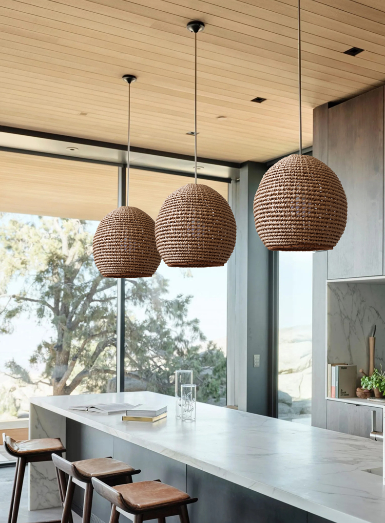 Wekiva Globe Rattan Basket Pendant Lights Hang over Kitchen Island