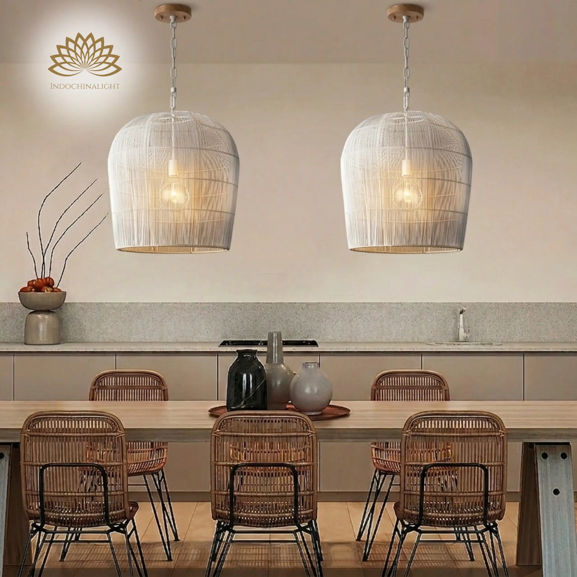 White Cabrillo Pendant Light over Wabi Sabi Dining Table