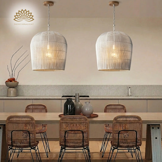 White Cabrillo Pendant Light over Wabi Sabi Dining Table