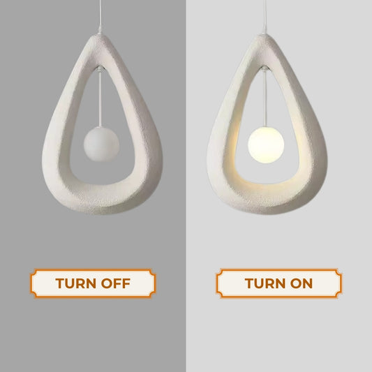 white wabi sabi modern teardrop hanging light when the light is on and off