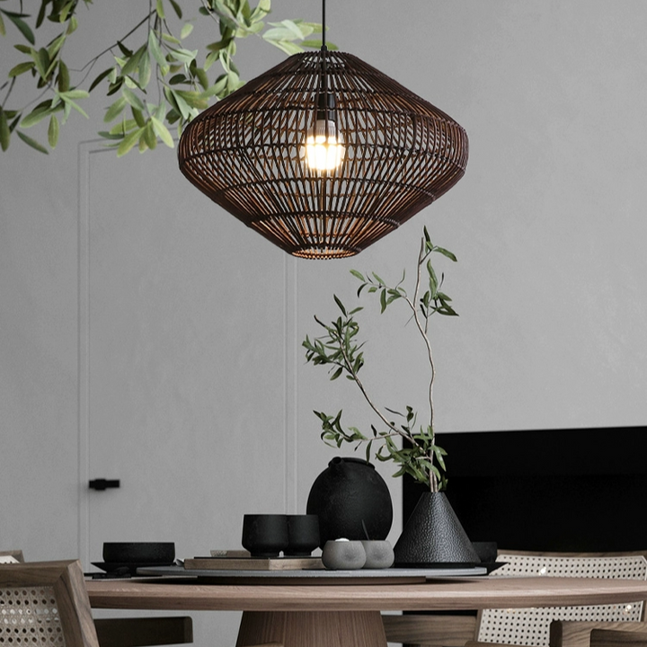 Geometric Diamond Basket Rattan Pendant Light