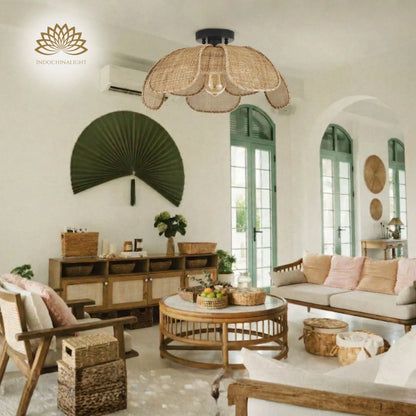Willa Flower Rattan Ceiling Light Hangs in the Center of Boho Living Room