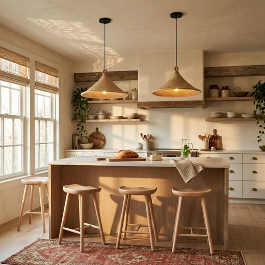 Yariah Cone Bamboo Rattan Pendant Light in Boho Kitchen Island